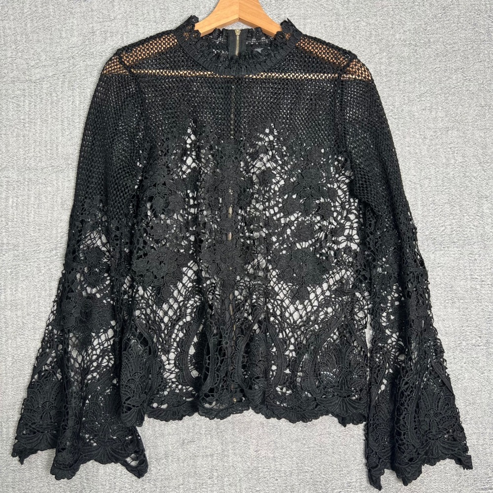 Crochet Grunge Lace Top Black Floral Sheer Bell Sleeve M Dark Fairy Whimsigoth - Picture 10 of 13